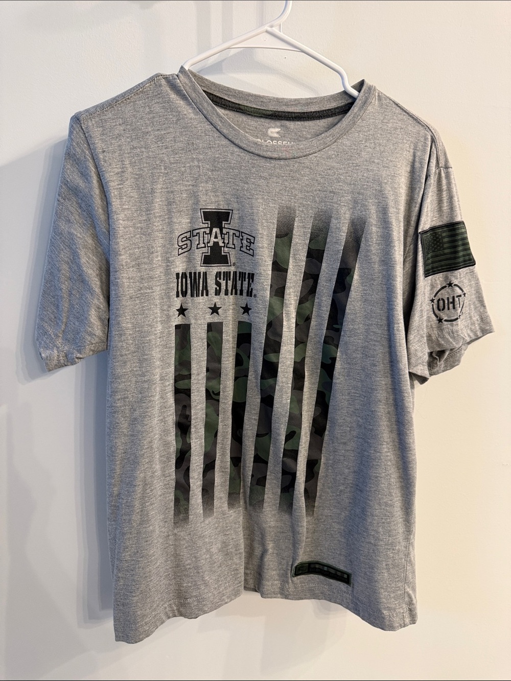 Colosseum Grey T-Shirt with Green Camo Flag Graphics